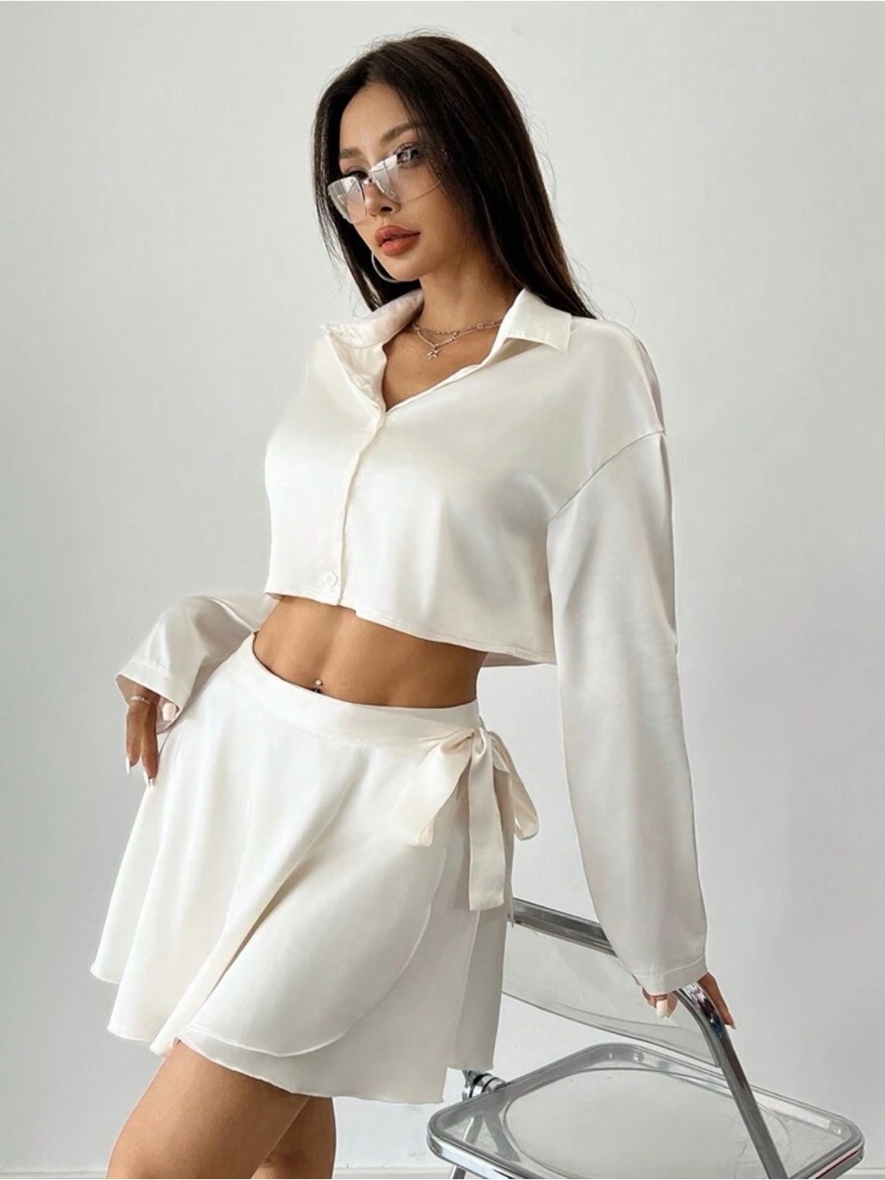 Satin Cream Cropped Skirt Set